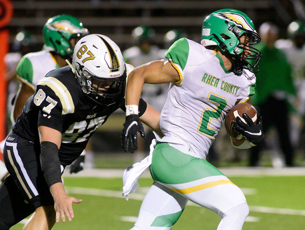 Staff Photo by Robin Rudd / Rhea's Jadden Pankey (2) returns an interception before being tackled by Bradley's Karer Howard (87). The Bradley Central Bears hosted the Rhea County Golden Eagles in a TSSAA football game on October 22, 2021.
