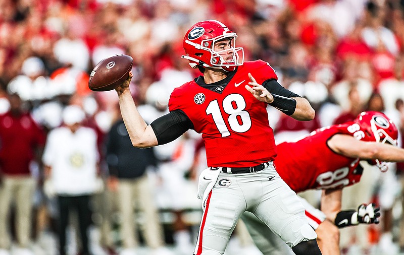 Georgia quarterback JT Daniels (18) during the Bulldogs’ game against South Carolina in Athens, Ga., on Saturday, Sept. 18, 2021. (Photo by Tony Walsh)