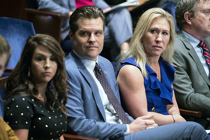 AP photo / From left, Rep. Lauren Boebert, R-Colo., Rep. Matt Gaetz, R-Fla., and Rep. Marjorie Taylor Greene, R-Ga., attend the House Judiciary Committee oversight hearing of the United States Department of Justice with testimony from Attorney General Merrick Garland on Thursday on Capitol Hill in Washington.