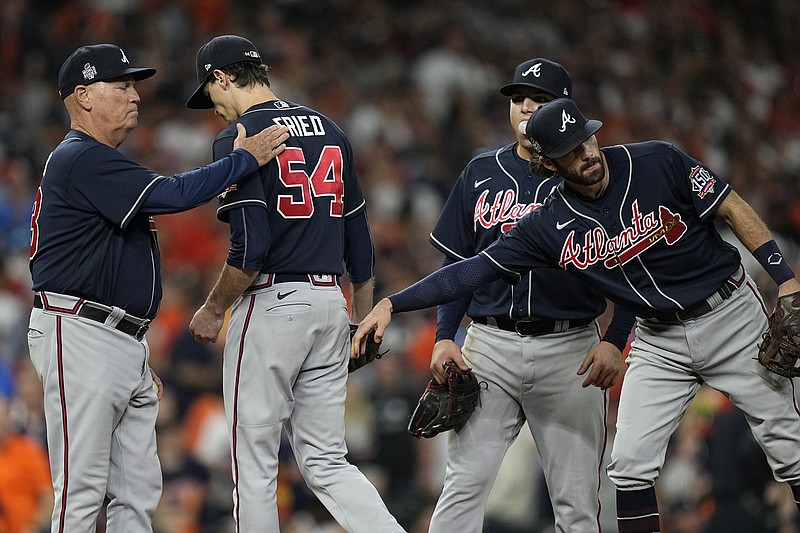 AP photo by David J. Phillip / Atlanta Braves starting pitcher Max Fried is relieved during the sixth inning of Game 2 of the World Series against the Houston Astros on Wednesday night.