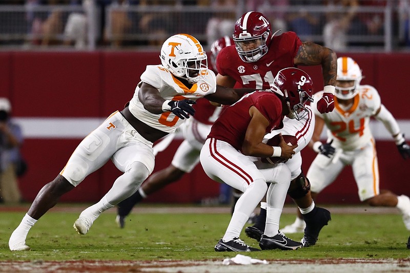 Tennessee Athletics photo / Tennessee defensive end Byron Young got this sack of Alabama's Bryce Young in the first half of last Saturday's game in Bryant-Denny Stadium, but it was mostly a long night for Volunteers defenders as the Crimson Tide converted 15 of 20 third-down opportunities in their 52-24 win.