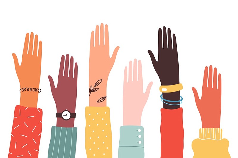 Hands of diverse group of people together raised up. Concept of support and cooperation, girl power, social community. Vector illustration women tile woman politics / Getty Images
