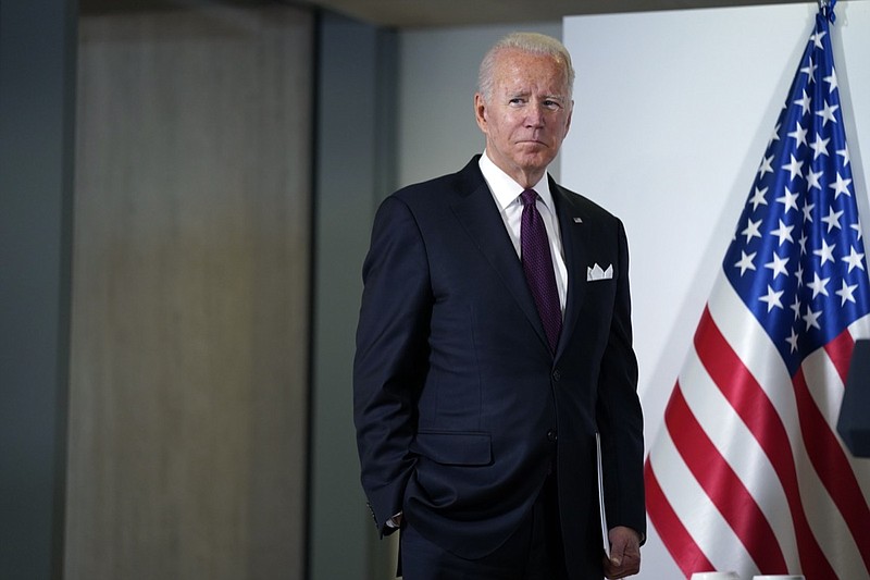 President Joe Biden and European Commission president Ursula von der Leyen, not shown, talk to reporters about pausing the trade war over steel and aluminum tariffs during the G20 leaders summit, Sunday, Oct. 31, 2021, in Rome. (AP Photo/Evan Vucci)