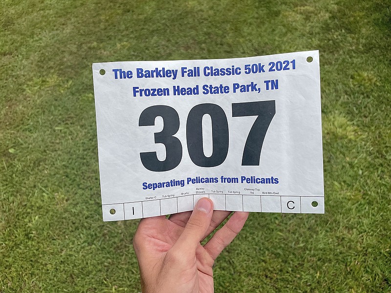 Photo contributed by Wyatt Massey / Race bib for Barkley Fall Classic 2021.