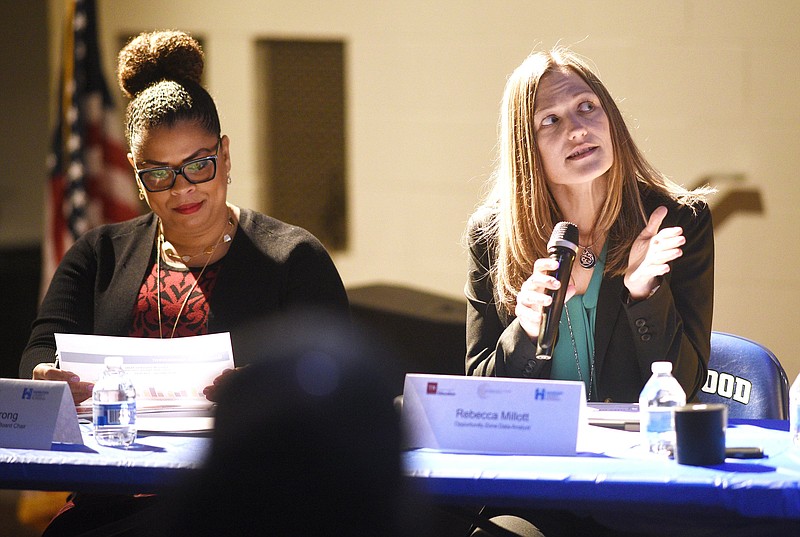 Staff Photo by Robin Rudd / Rebecca Millott, right, Opportunity Zone Data Analyst, goes over school performance while Valoria Armstrong, Partnership Network Advisory Board Chair, listens. The Partnership Network Advisory Board met at Dalewood Middle School on March 10, 2020.