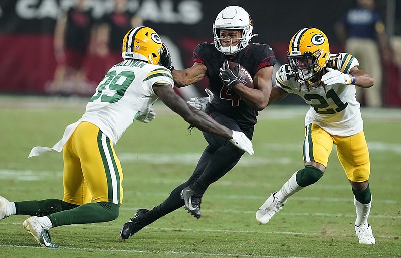 Arizona Cardinals receiver Rondale Moore (4) during an NFL football game against the Green Bay Packers Thursday, Oct. 28, 2021, in Glendale, Ariz. (AP Photo/Darryl Webb)