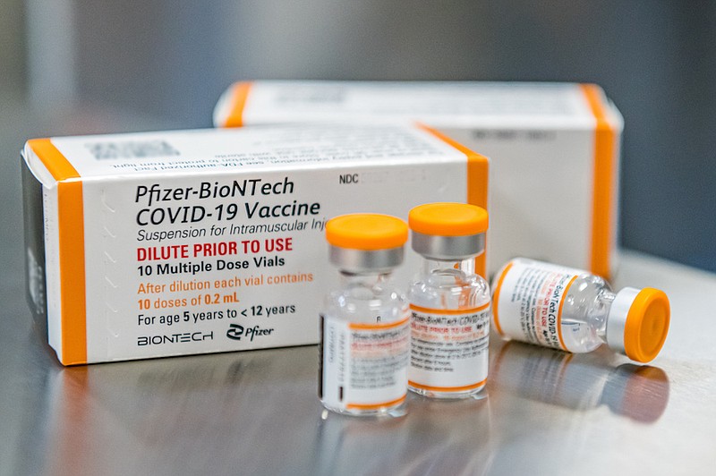 This October 2021, photo provided by Pfizer shows kid-size doses of its COVID-19 vaccine in Puurs, Belgium. (Pfizer via AP, File)