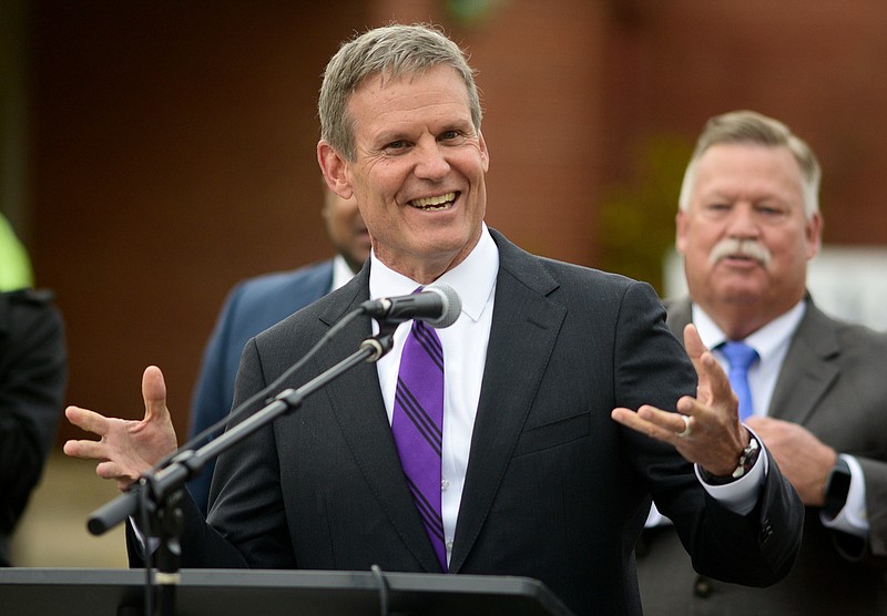 Staff Photo by Robin Rudd / Gov. Bill Lee speaks at the recent groundbreaking for the Construction Career Center in the former Mary Ann Garber Elementary School in East Chattanooga.