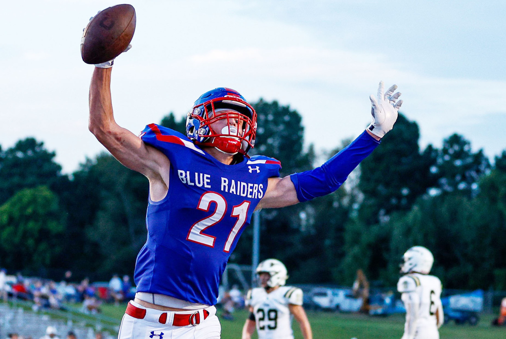 Staff file photo by Troy Stolt / Cleveland receiver Ramiaron Taylor celebrates a touchdown reception against Bradley Central. Cleveland (6-4) will travel to West Ridge (8-2) for the first round of the Class 6A playoffs on Friday.