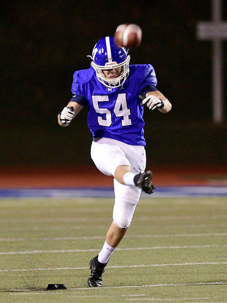 Staff file photo by Robin Rudd / McCallie's Alexander Jacques kicks off. The Blue Tornado, winners of the past two Division II-AAA state titles and undefeated this season, have a bye in the first round of the playoffs this week. They'll host a quarterfinal next week against either Father Ryan or Memphis University School.