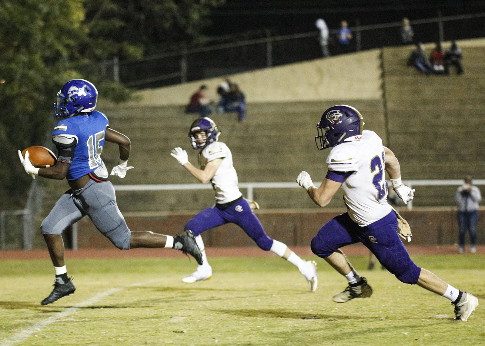 Staff file photo by Troy Stolt / Grundy County defenders give chase during a game against Red Bank. Grundy County (2-6) will visit Loudon (9-1) for the first round of the Class 3A playoffs on Friday.