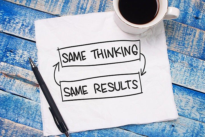 Same thinking same results words letter, written on piece of memo paper, work desk top view. / Getty Images/iStock/airdone