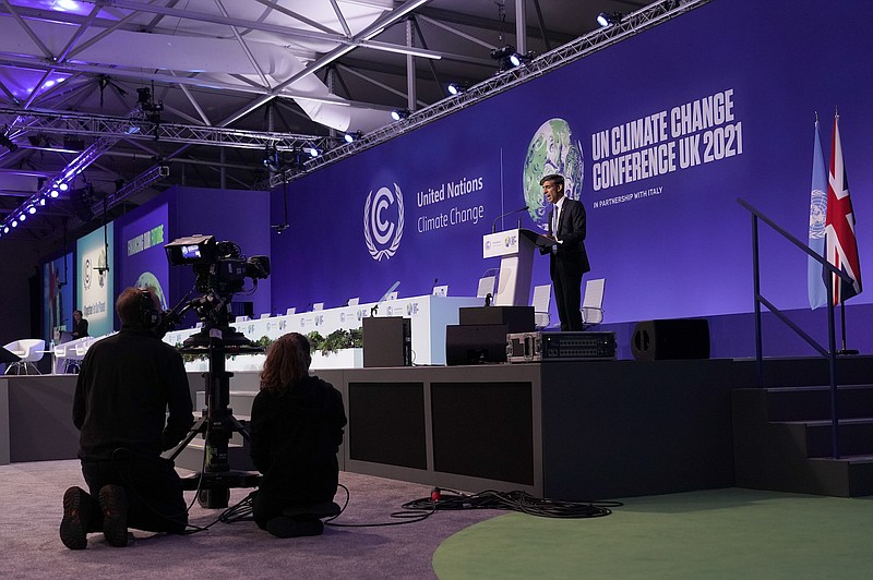 Photo by Alberto Pezzali of The Associated Press / Britain's Chancellor of the Exchequer Rishi Sunak makes a speech at the COP26 U.N. Climate Summit in Glasgow, Scotland, on Nov. 3, 2021.