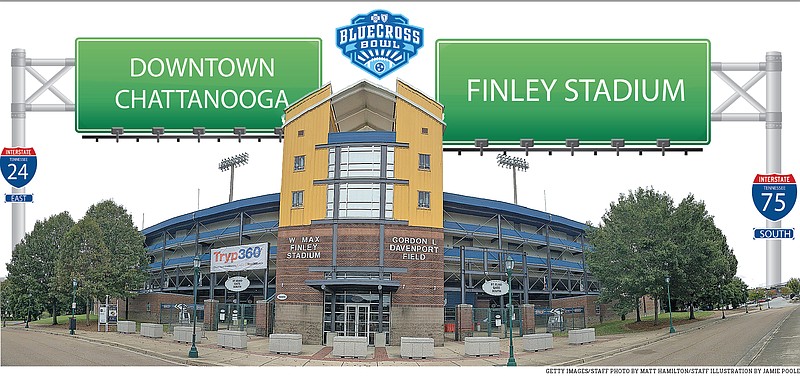 Photo illustration by Jamie Poole with staff photo by Matt Hamilton and Getty Images / Chattanooga's Finley Stadium will host the BlueCross Bowl state championship games for all nine TSSAA football classifications on Dec. 2-4. 