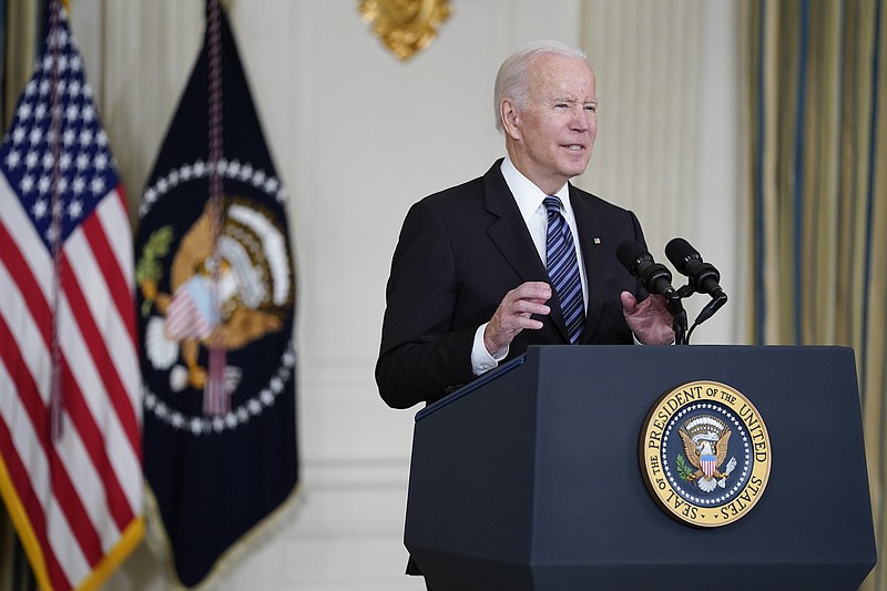 Photo by Evan Vucci of The Associated Press / President Joe Biden delivers remarks on the October jobs report from the State Dining Room of the White House on Friday, Nov. 5, 2021, in Washington.