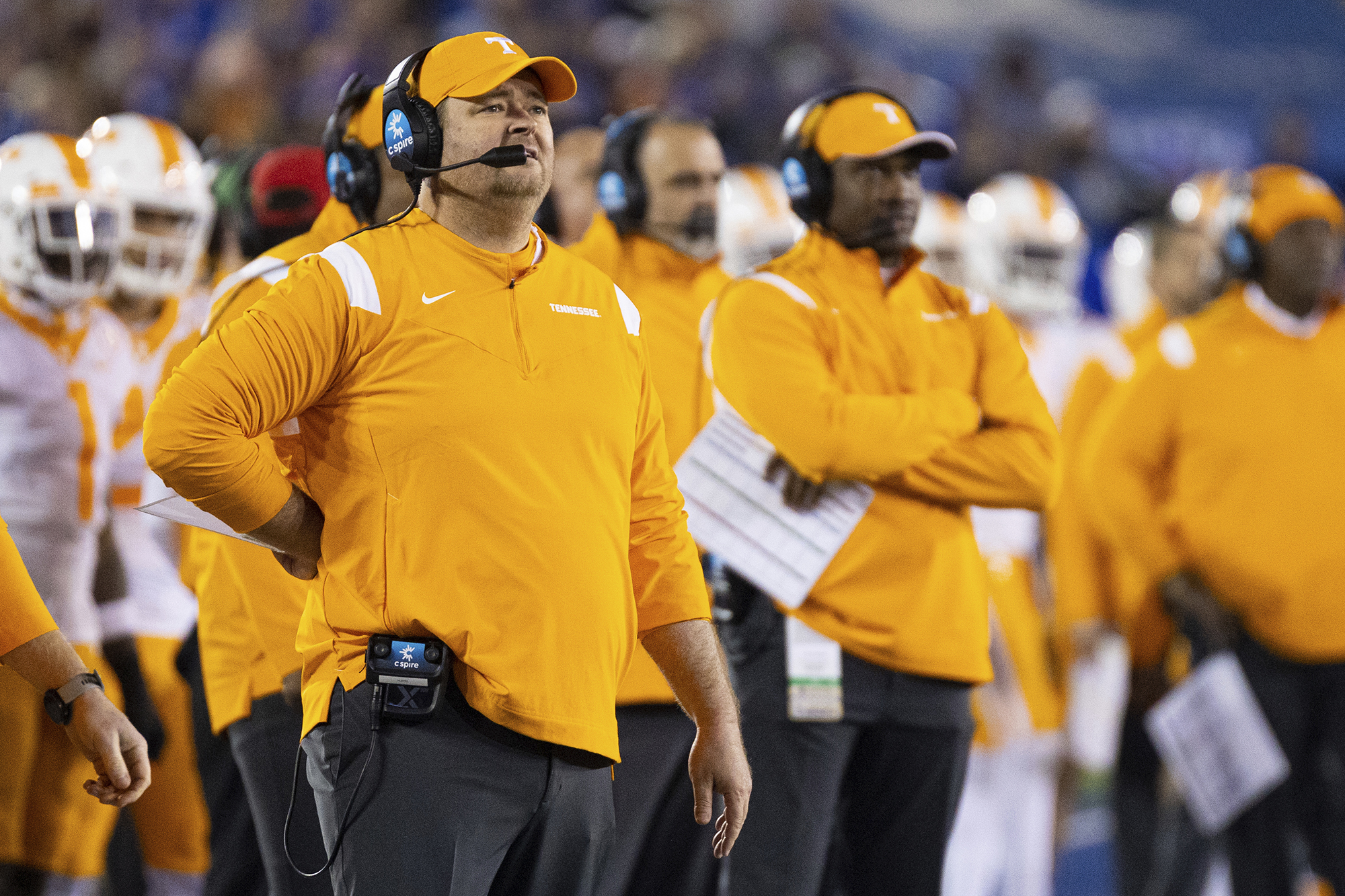 AP photo by Michael Clubb / Tennessee coach Josh Heupel watches the video board during the first half of Saturday night's game at Kentucky.