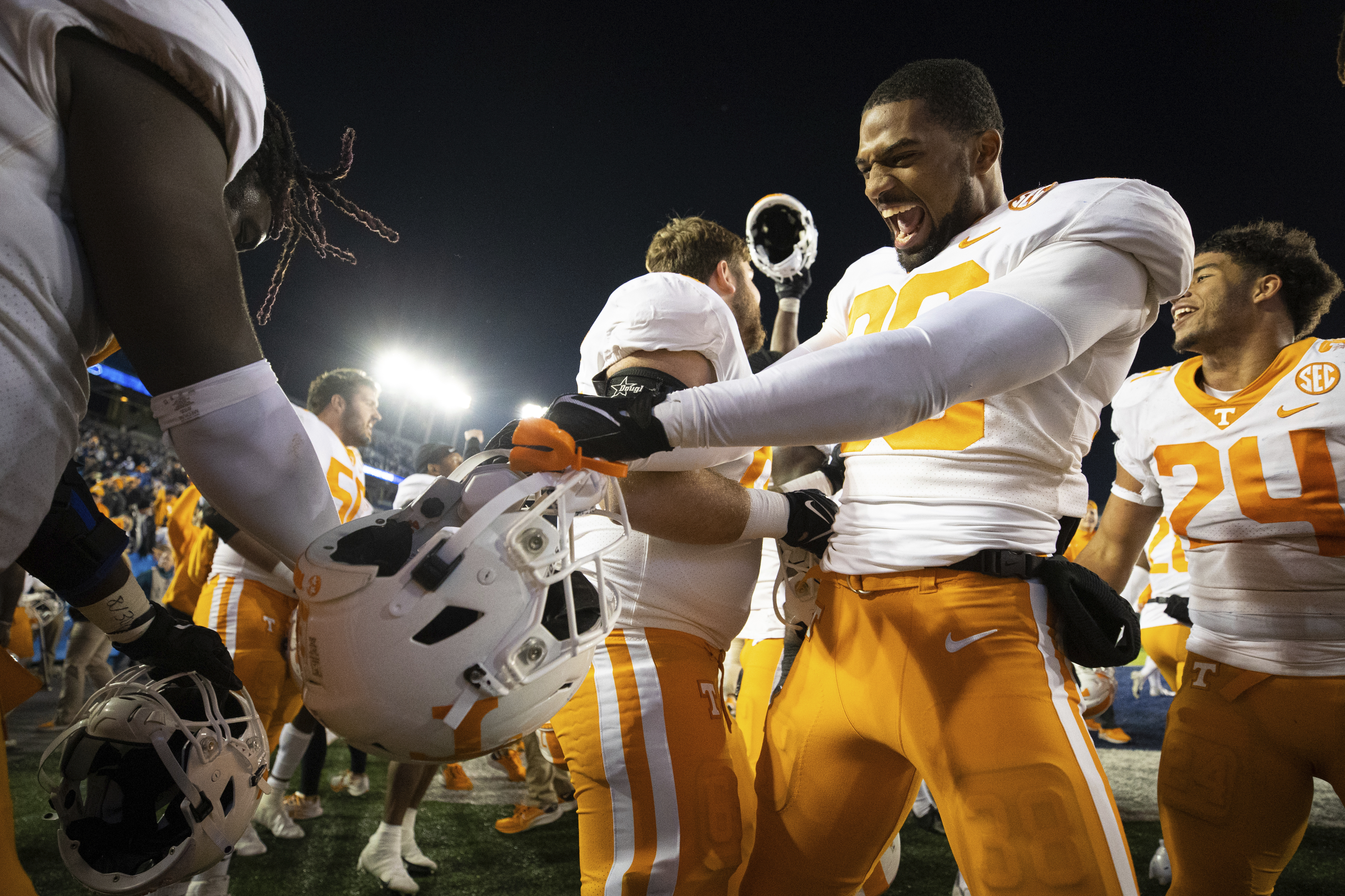 AP photo by Michael Clubb / Tennessee linebacker Solon Page III dances in celebration after the Volunteers' victory Saturday night against Kentucky in Lexington.