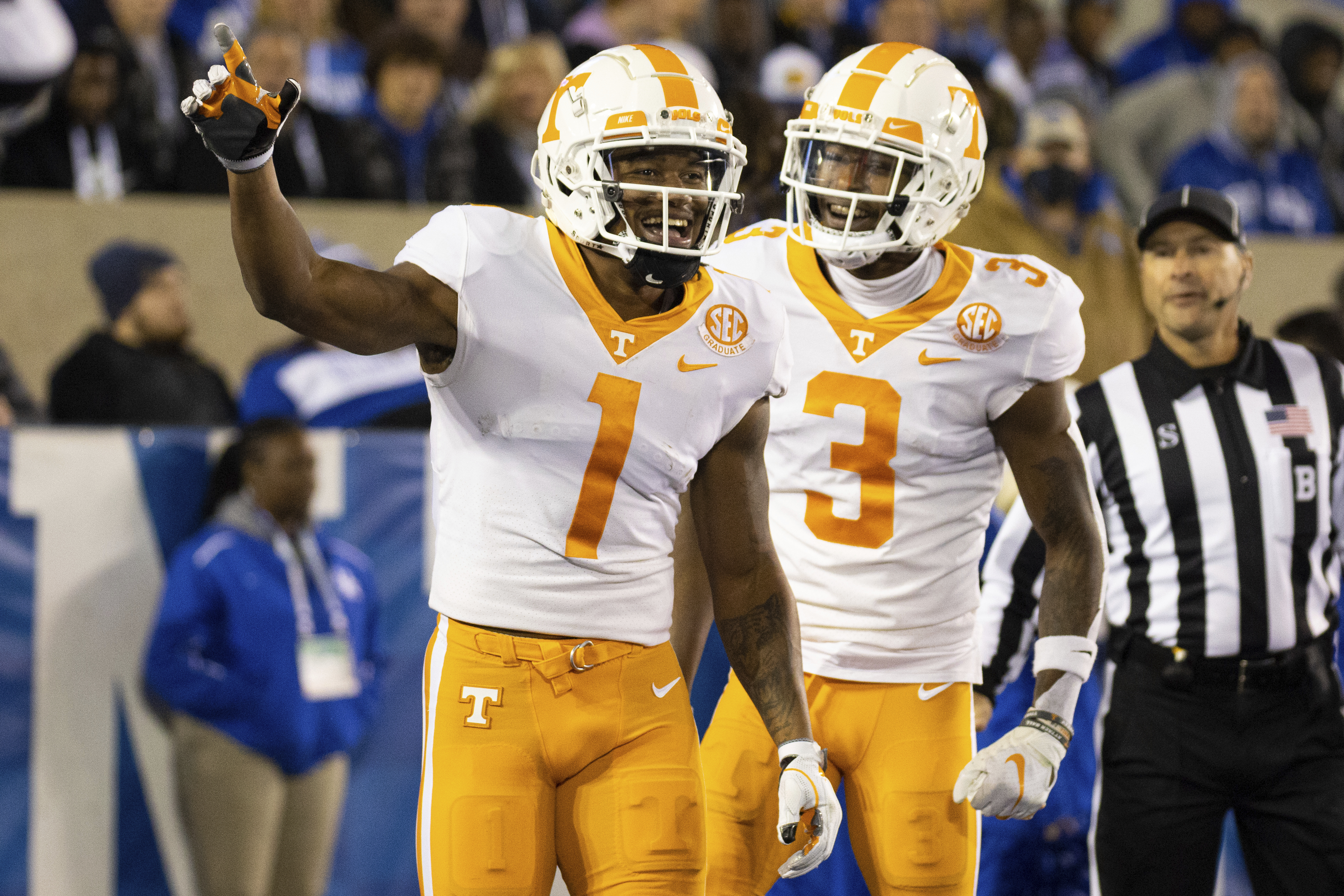 AP photo by Michael Clubb / Tennessee wide receiver Velus Jones Jr. (1) celebrates his touchdown during the first half of Saturday's road win against Kentucky in a matchup of SEC East and border rivals.
