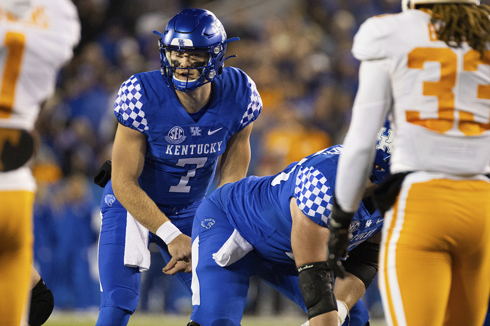 AP photo by Michael Clubb / Kentucky quarterback Will Levis surveys the Tennessee defense on Saturday night in Lexington.