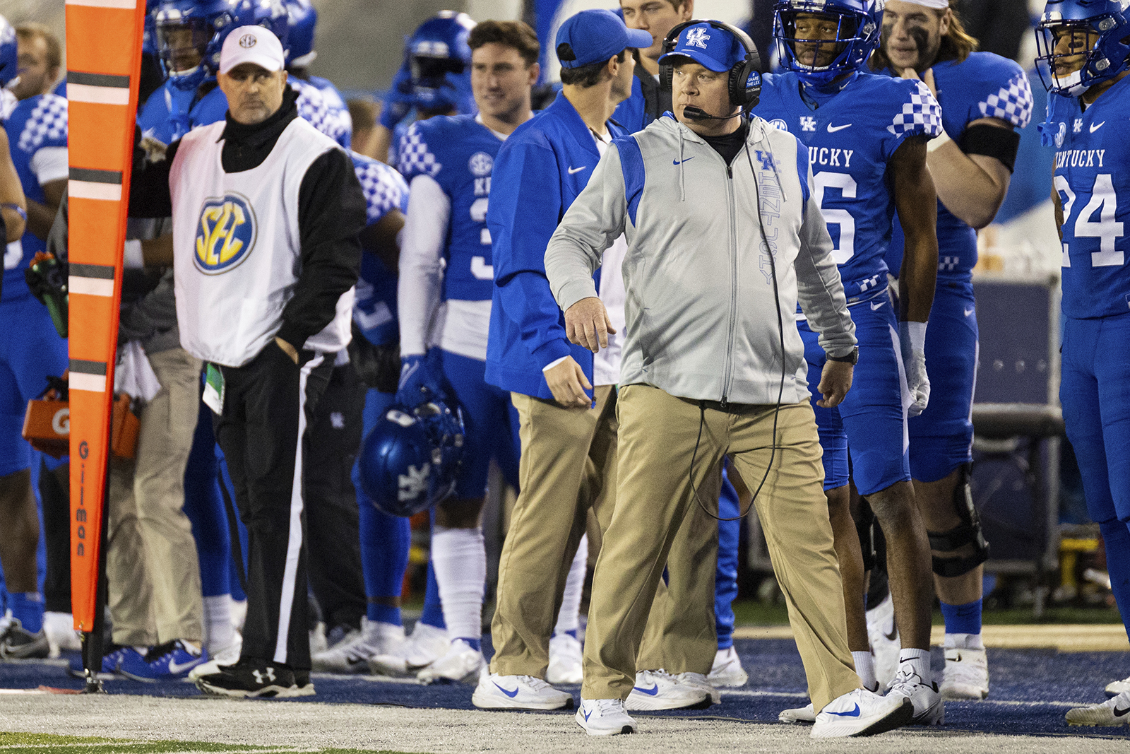 AP photo by Michael Clubb / Kentucky football coach Mark Stoops watches his team from the sideline during Saturday night's home game against Tennessee.