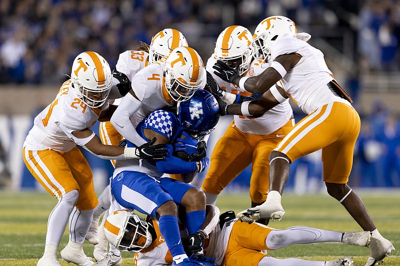Tennessee Athletics photo by Andrew Ferguson / Tennessee had a long night defensively during Saturday's 45-42 triumph at Kentucky, surrendering 612 total yards, but the Volunteers did force the Wildcats into turning the ball over on downs twice in the fourth quarter.