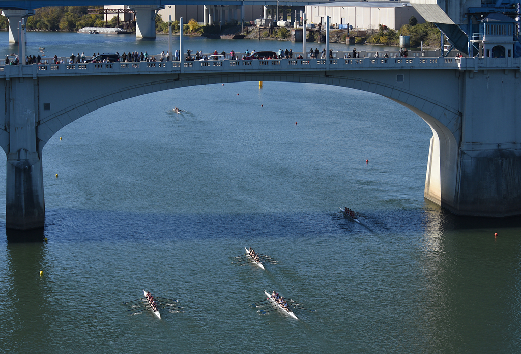 Staff Photo by Matt Hamilton / Onlookers watch from the Market Street Bridge on Sunday November 7, 2021 during the Head of the Hooch regatta.