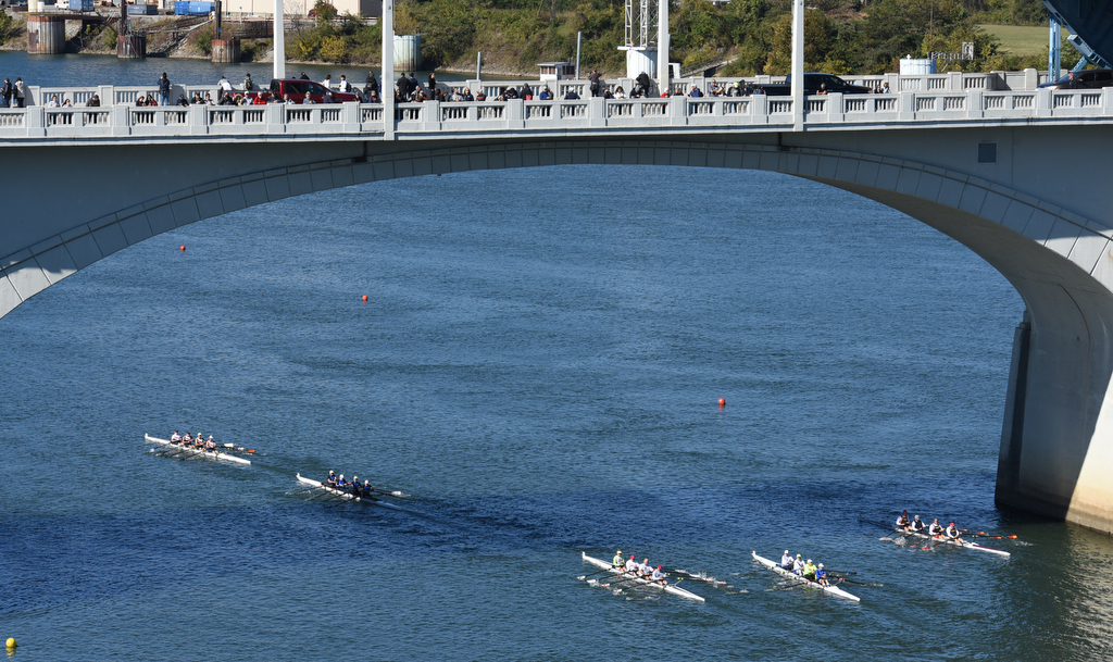 Staff Photo by Matt Hamilton / Onlookers watch from the Market Street Bridge on Sunday November 7, 2021 during the Head of the Hooch regatta.