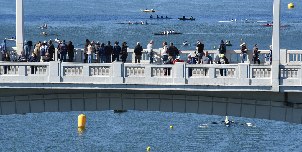 Staff Photo by Matt Hamilton / Onlookers watch from the Market Street Bridge on Sunday November 7, 2021 during the Head of the Hooch regatta.