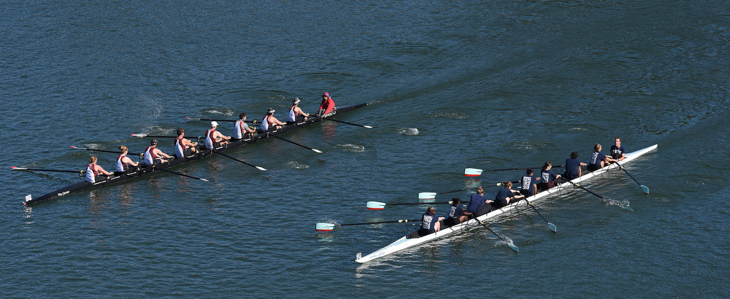 Staff Photo by Matt Hamilton / Boats from Indianapolis and Wilmington paddle side by side while competing in different races on Sunday November 7, 2021 during the Head of the Hooch regatta.