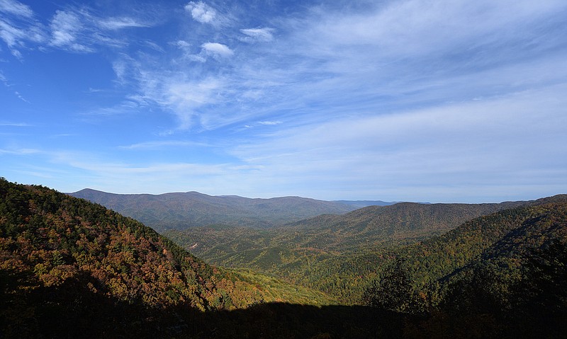Staff Photo by Matt Hamilton / The Chattahoochee National Forest and Cohutta Wilderness are visible from the Cool Creek overlook in Fort Mountain State Park, on Saturday, November, 6, 2021.