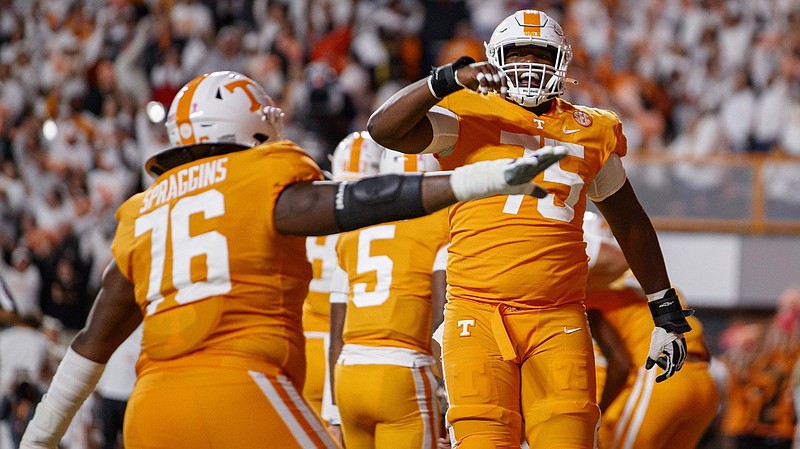 Tennessee Athletics photo / Tennessee senior offensive lineman Jerome Carvin (75), shown here celebrating a touchdown last month against Ole Miss, believes the Volunteers can't be overzealous this week against No. 1 Georgia.