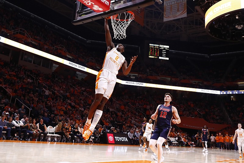 Tennessee Athletics photo / Tennessee freshman Brandon Huntley-Hatfield gets loose for a dunk during Tuesday night's 90-62 thumping of UT Martin. Huntley-Hatfield tallied seven points and six rebounds in his debut.