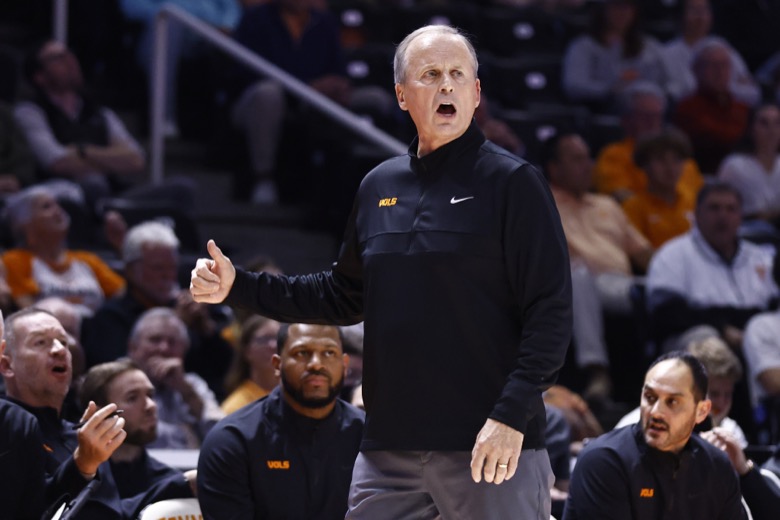 Tennessee head coach Rick Barnes reacts to a play during an NCAA college basketball game against Tennessee-Martin Tuesday, Nov. 9, 2021, in Knoxville, Tenn. (AP Photo/Wade Payne)