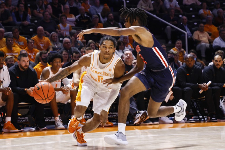 Tennessee guard Zakai Zeigler (5) drives against Tennessee-Martin guard Mikel Henderson (3) during an NCAA college basketball game Tuesday, Nov. 9, 2021, in Knoxville, Tenn. Tennessee won 90-62. (AP Photo/Wade Payne)