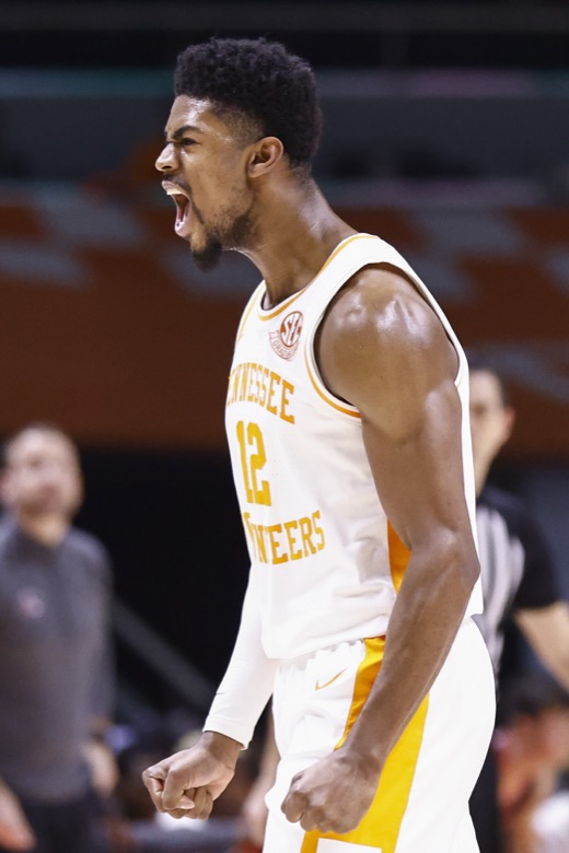 Tennessee guard Victor Bailey Jr. (12) reacts to a play during an NCAA college basketball game against Tennessee-Martin Tuesday, Nov. 9, 2021, in Knoxville, Tenn. Tennessee won 90-62. (AP Photo/Wade Payne)