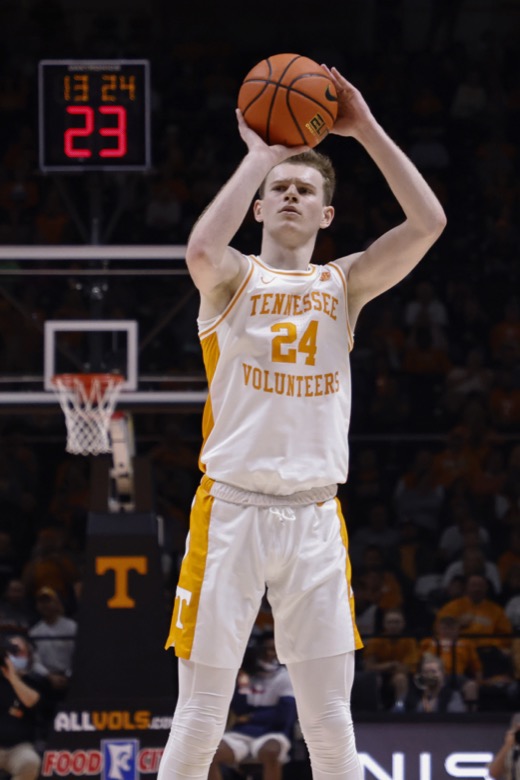 Tennessee guard Justin Powell (24) shoots during an NCAA college basketball game against Tennessee-Martin Tuesday, Nov. 9, 2021, in Knoxville, Tenn. Tennessee won 90-62. (AP Photo/Wade Payne)
