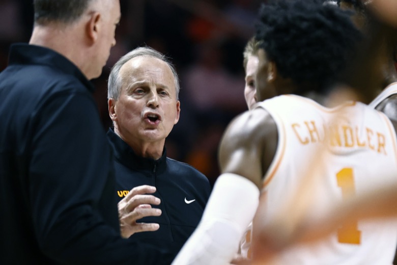 Tennessee head coach Rick Barnes talks with his players during an NCAA college basketball game against Tennessee-Martin Tuesday, Nov. 9, 2021, in Knoxville, Tenn. (AP Photo/Wade Payne)