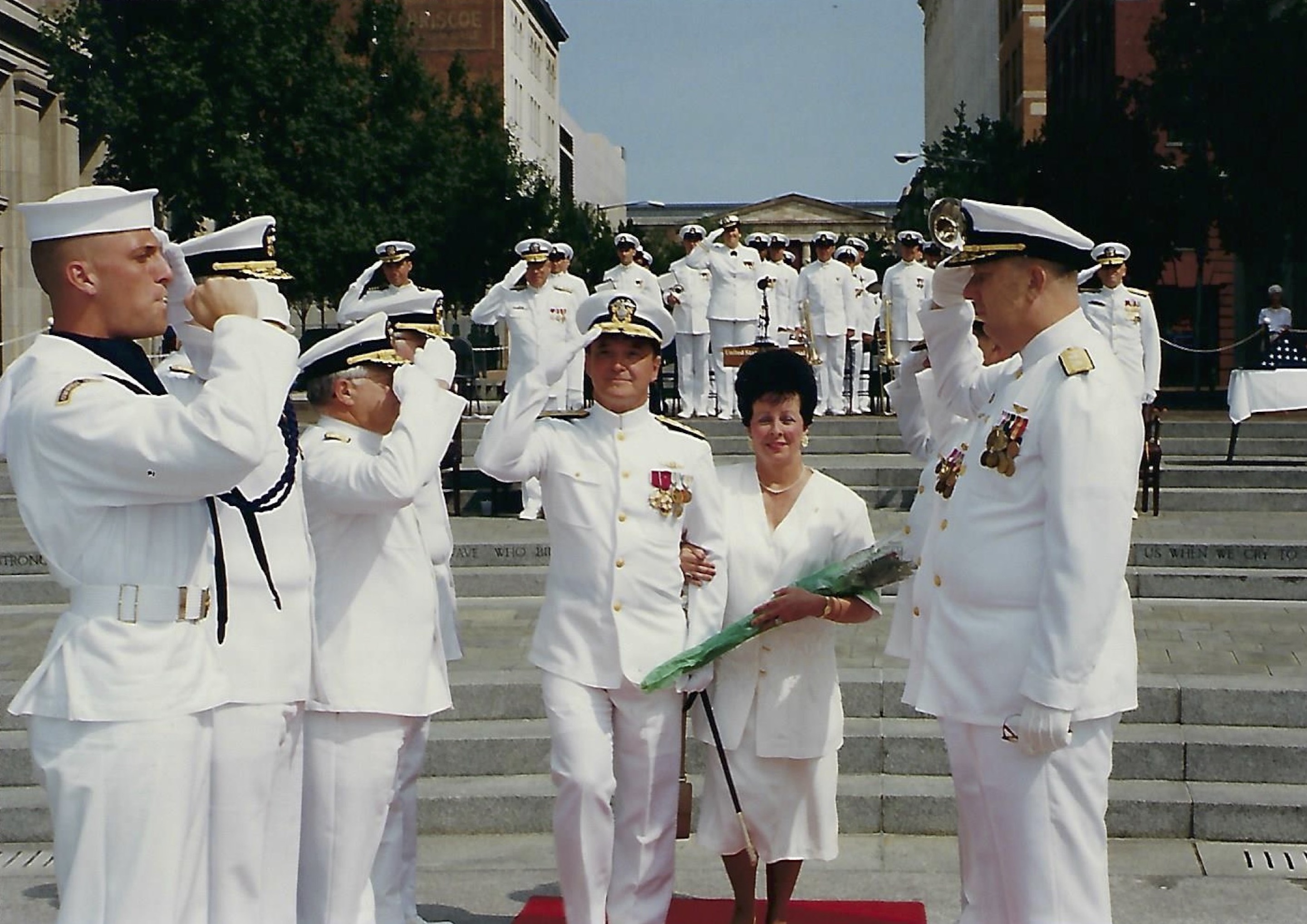 Admiral Vance Fry and his wife, Charlynne, are saluted at his retirement ceremony on Pennsylvania Avenue in Washington, D.C., in 1995. / Photo contributed by Vance Fry