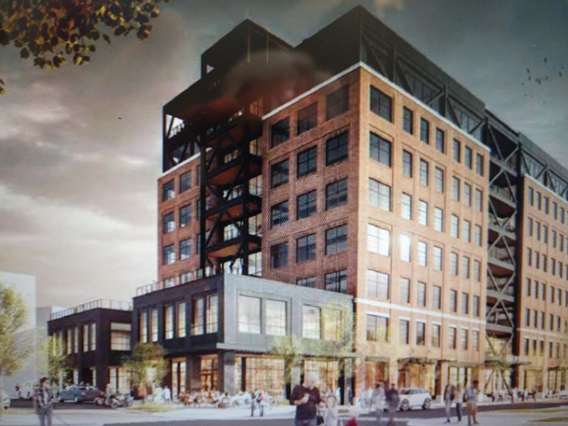 Rendering by ESa / A 10-story office building would sit at the end of Main Street at The Bend if the project receives city approval.