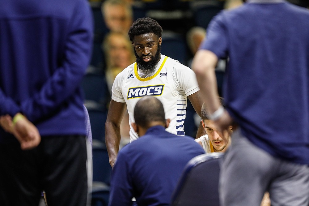 UTC men's basketball coach Lamont Paris and guard David JeanBaptiste