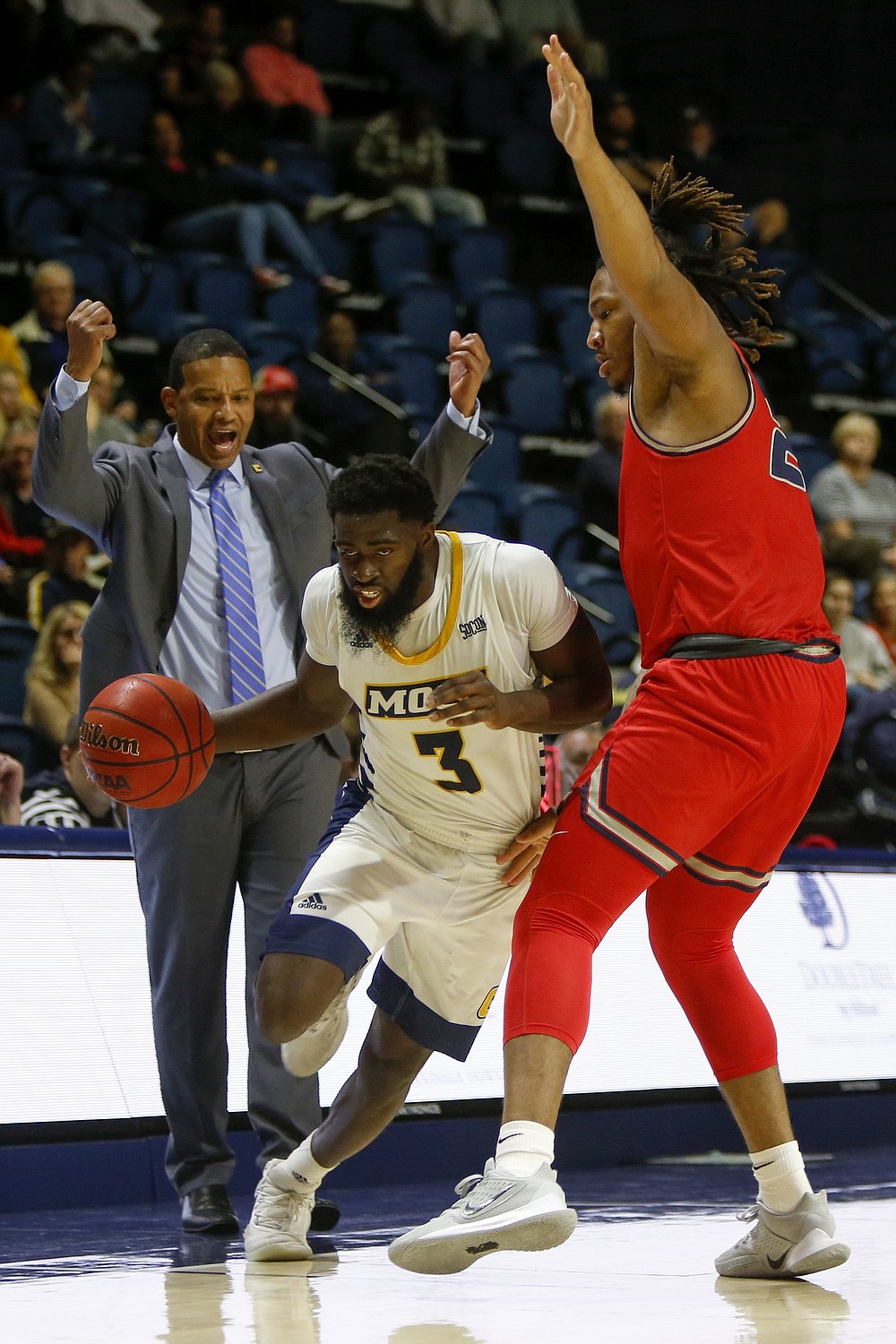 UTC men's basketball coach Lamont Paris and guard David JeanBaptiste