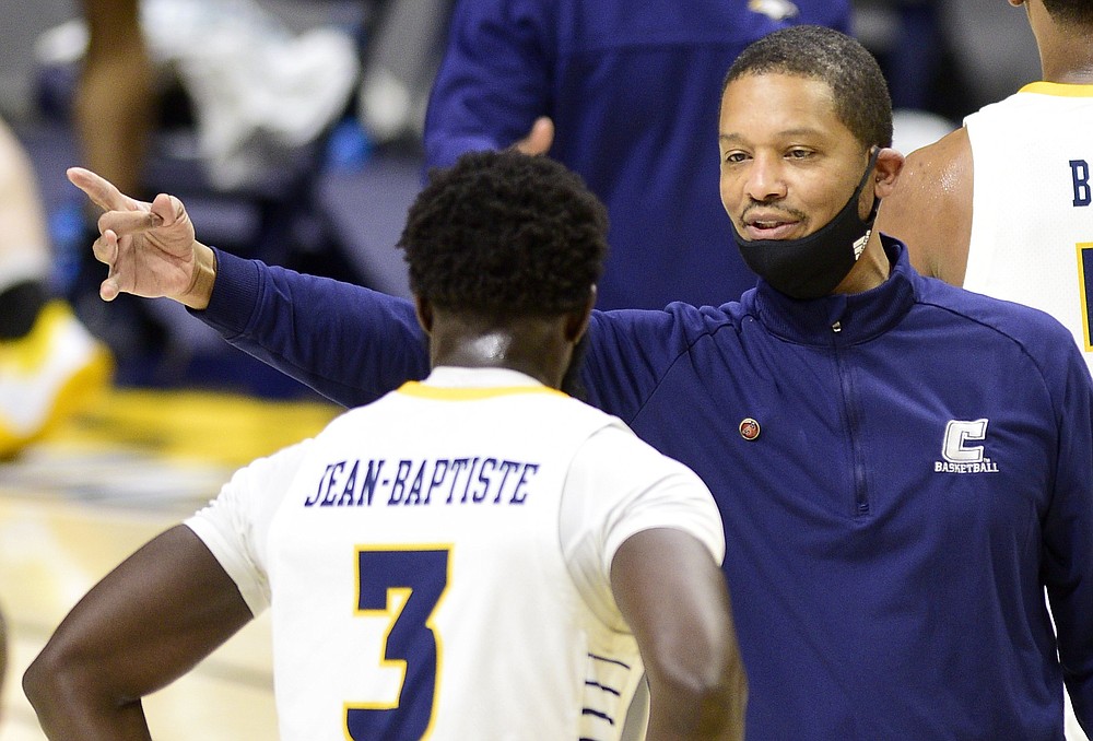 UTC men's basketball coach Lamont Paris and guard David JeanBaptiste