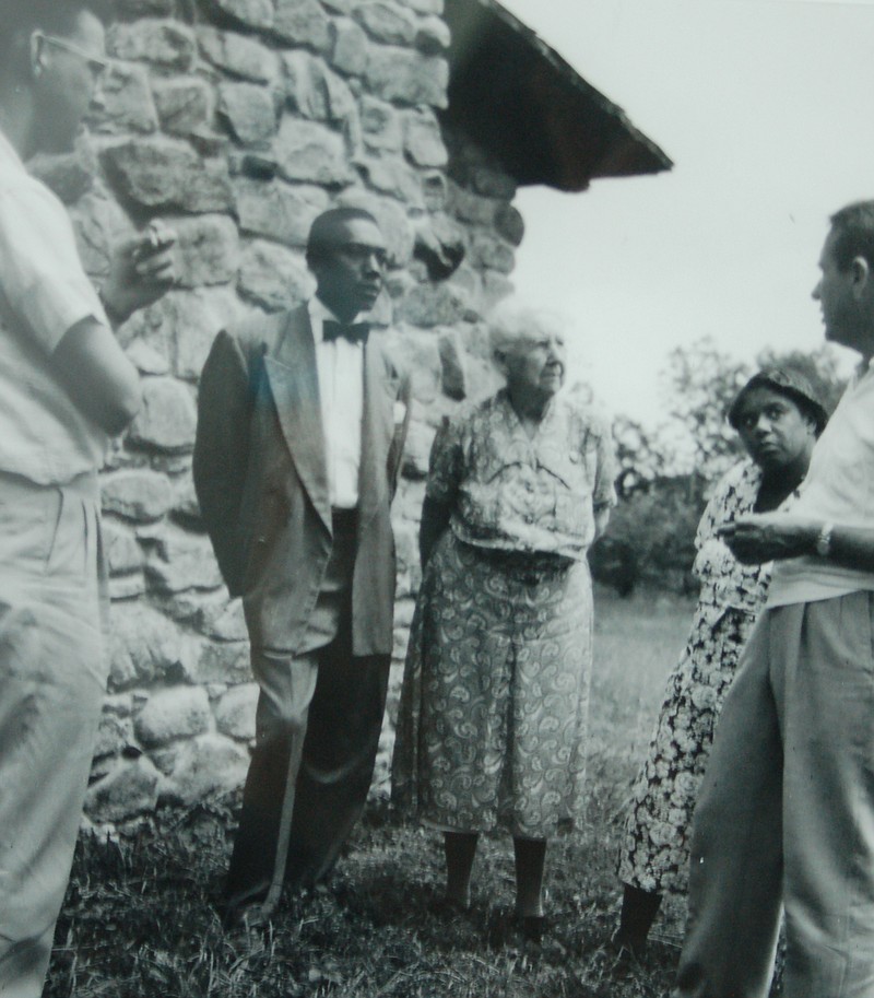 Staff file photo by Ben Benton / Retired college professor Dr. Lillian Johnson, center, donated the land for Highlander Folk School and its campus. Here she speaks with some of the attendees of the school outside the library building. the photo is contained in the collection at the Grundy County Historical Society's Heritage Center in nearby Tracy City.