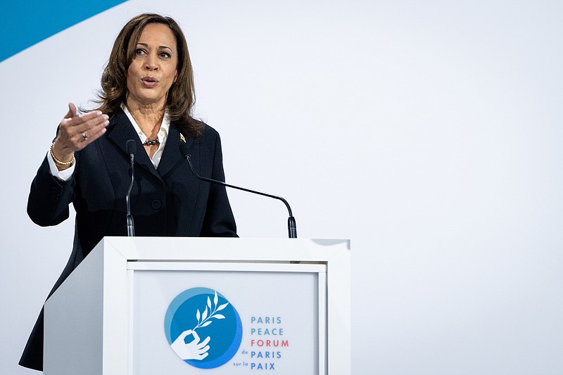Photo by Sarahbeth Maney of The New York Times / United States Vice President Kamala Harris speaks at the Paris Peace Forum in Paris on Nov. 11, 2021.