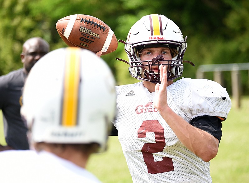 Staff file photo by Matt Hamilton / Grace Academy quarterback Cooper Knecht earned all-state recognition in eight-man football after a prolific season in which he helped lead the Golden Eagles to the TSIA championship.