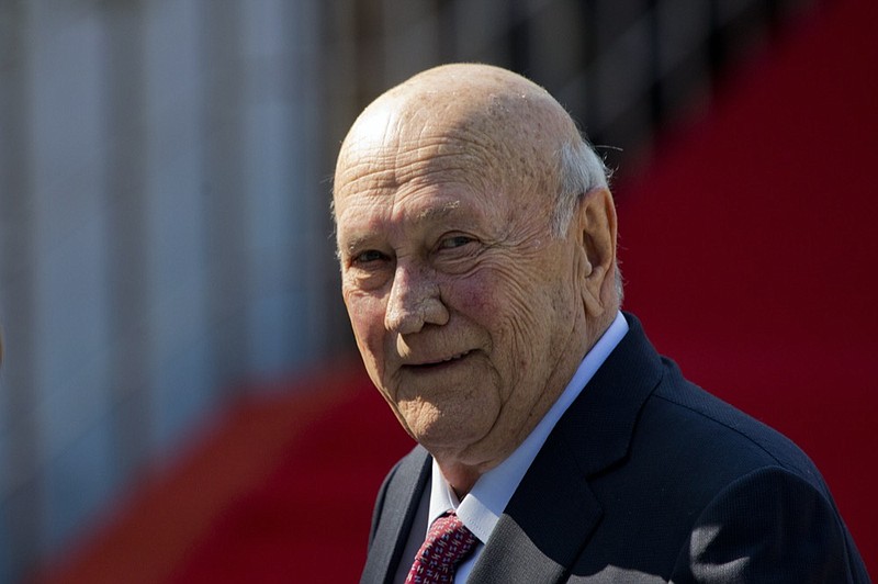FILE — former South African President F.W. de Klerk arrives for the swearing-in ceremony of newly-elected President Cyril Ramaphosa in Pretoria, South Africa, May 25, 2019. (AP Photo/Jerome Delay, File)

