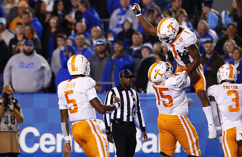 Tennessee Athletics photo / Tennessee quarterback Hendon Hooker (5), left guard Jerome Carvin (75) and receivers Velus Jones Jr. (1) and JaVonta Payton (3) celebrate a Jones 72-yard touchdown reception during last Saturday night's 45-42 outlasting of Kentucky. Tennessee (5-4, 3-3 SEC) hosts Georgia (9-0, 7-0) at 3:30 p.m. this Saturday in a game that will be televised by CBS.