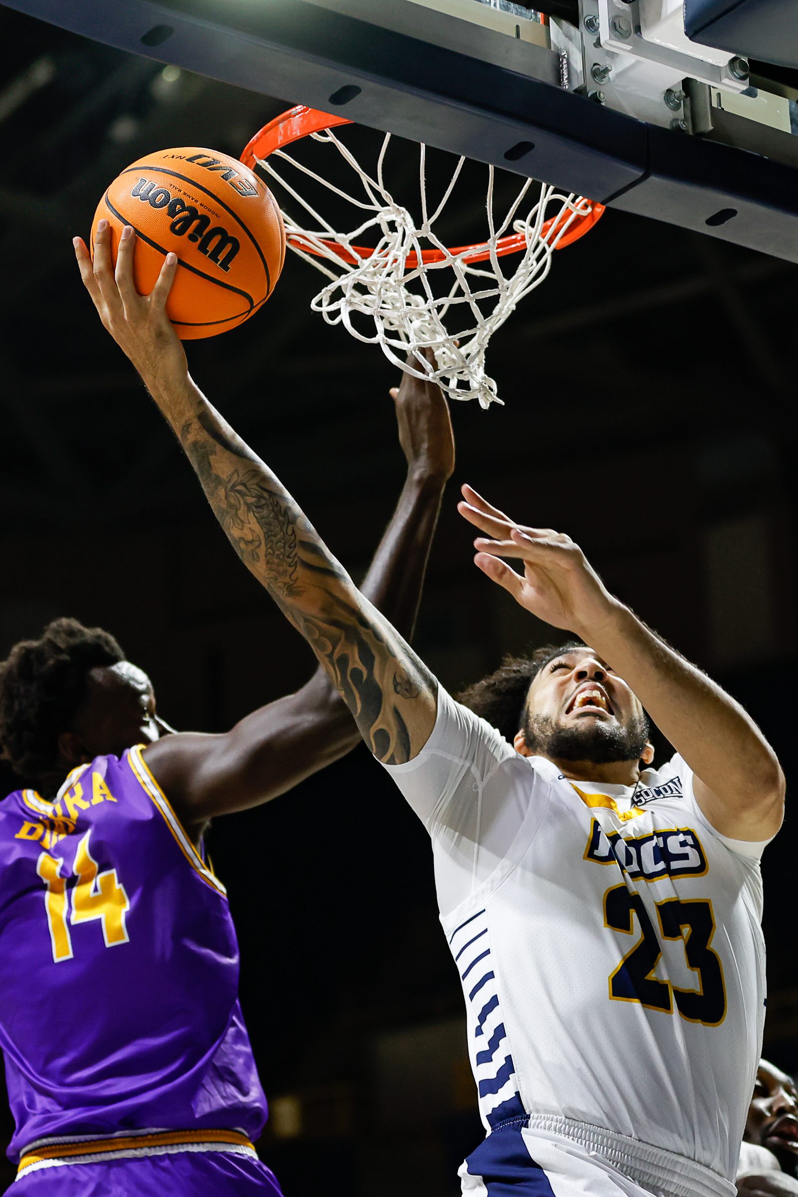 Staff photo by Troy Stolt / Mocs center Avery Diggs (23) lays the ball up during UTC's home basketball game against the Tennessee Tech Golden Eagles at McKenzie Arena on Tuesday, Nov. 16, 2021 in Chattanooga, Tenn.