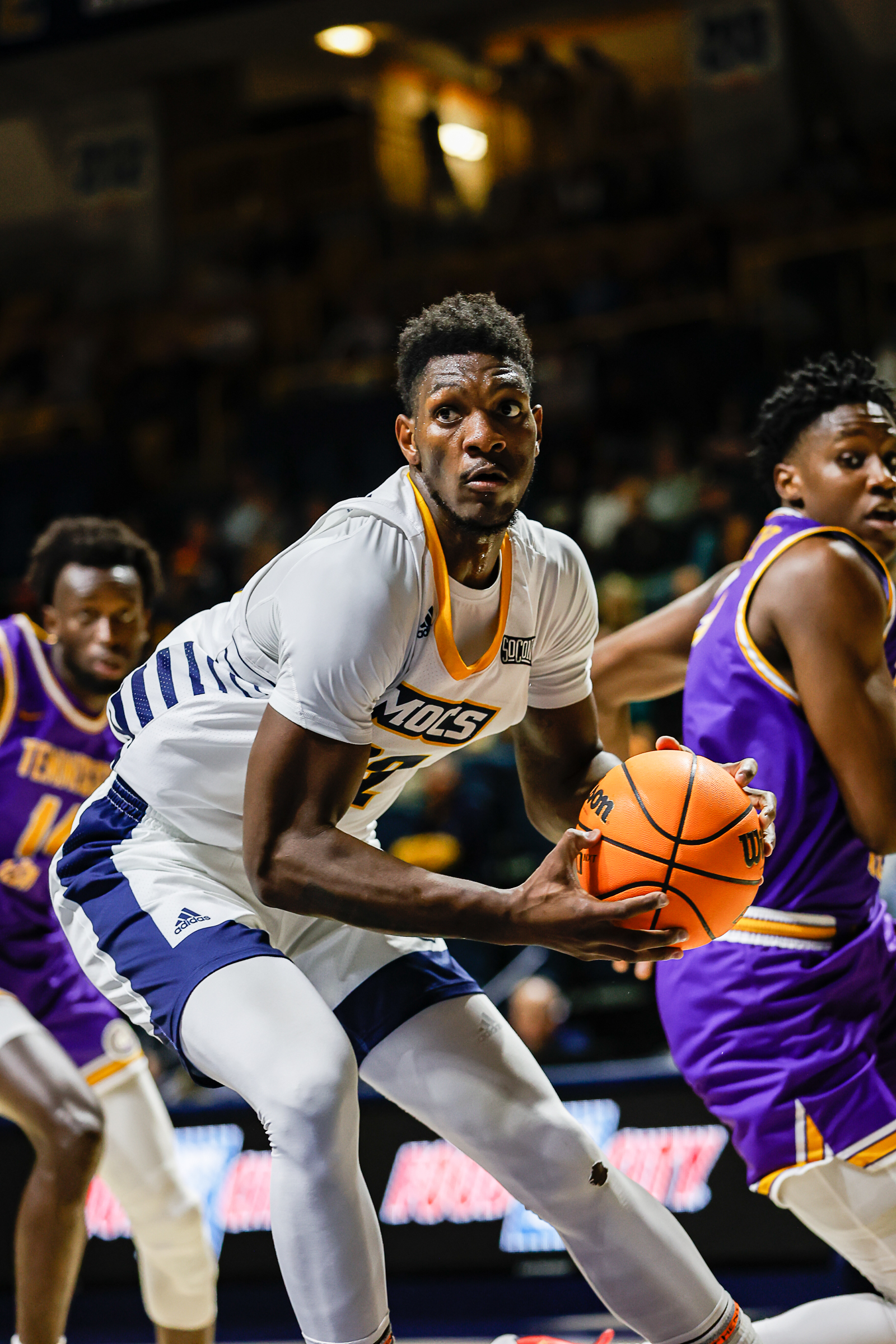 Staff photo by Troy Stolt / Mocs forward Silvio De Sousa (22) drives to the basket during UTC's home basketball game against the Tennessee Tech Golden Eagles at McKenzie Arena on Tuesday, Nov. 16, 2021 in Chattanooga, Tenn.