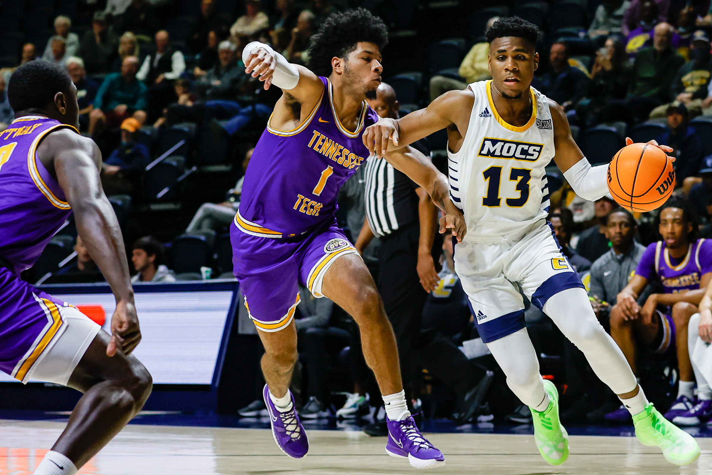 Staff photo by Troy Stolt / Mocs guard Malachi Smith (13) drives to the basket during UTC's home basketball game against the Tennessee Tech Golden Eagles at McKenzie Arena on Tuesday, Nov. 16, 2021 in Chattanooga, Tenn.